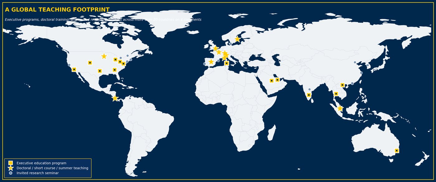 World map showing executive programs, doctoral teaching, and invited research seminars across more than 20 countries on four continents