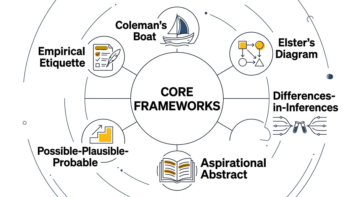 Six core frameworks arranged around a hub: Coleman's Boat, Elster's Diagram, Differences-in-Inferences, Aspirational Abstract, Possible-Plausible-Probable, Empirical Etiquette